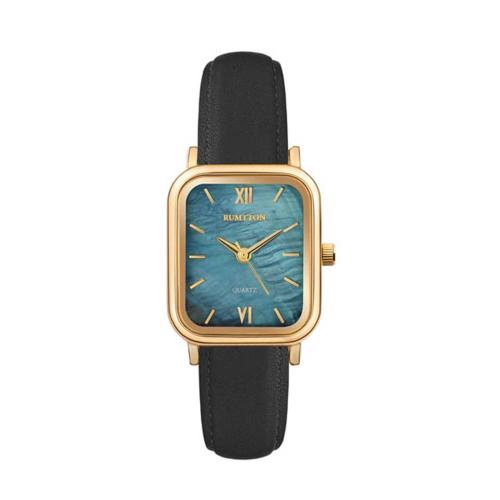 [RUMTTON] RUMTTON Harbor Blue Mother-of-pearl Black Band Leather Wristwatch Gold __