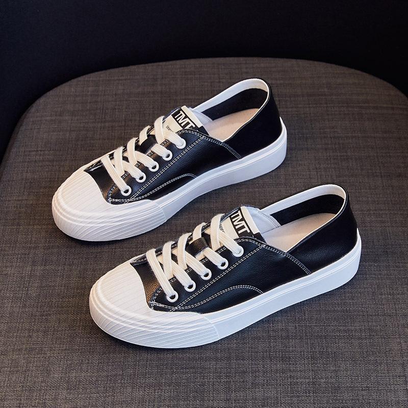 

Новые маленькие белые женские туфли из натуральной кожи на плоской подошве с неглубоким носком, осенняя модель, универсальные туфли для скейтборда с одной педалью, белые туфли на шнуровке 39 чёрный