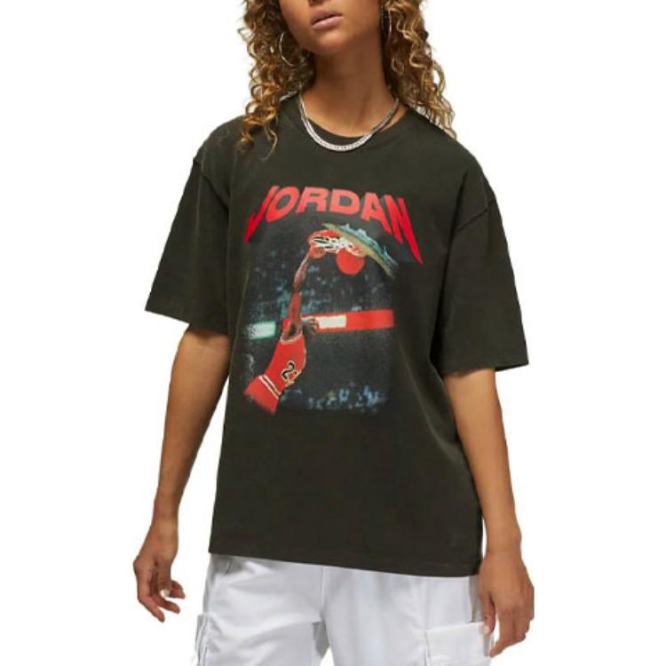 Jordan Heritage Logo Print Oversized Short Sleeve T-Shirt Women Tops Black Gray FB5138-010