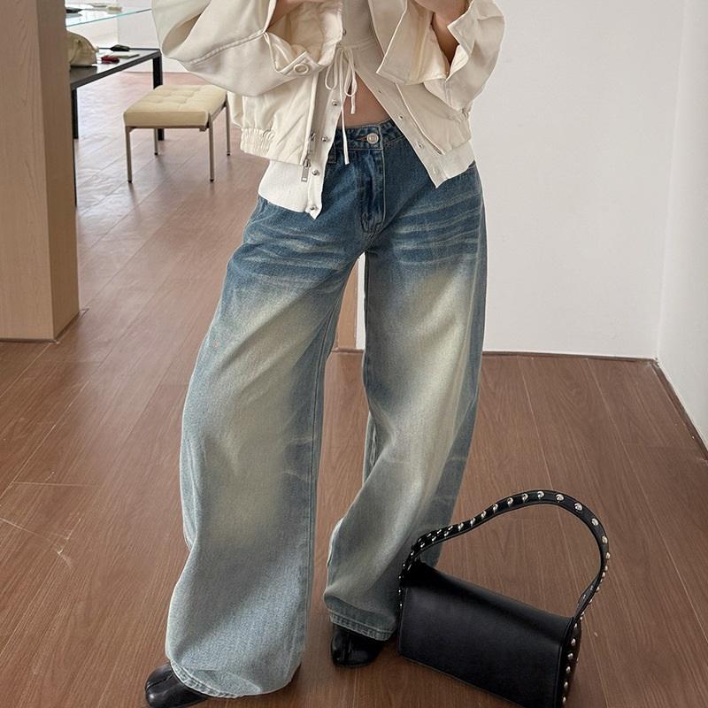 Trendy Street-style Washed Whisker Low-rise Wide-leg Light-colored Women s Jeans L