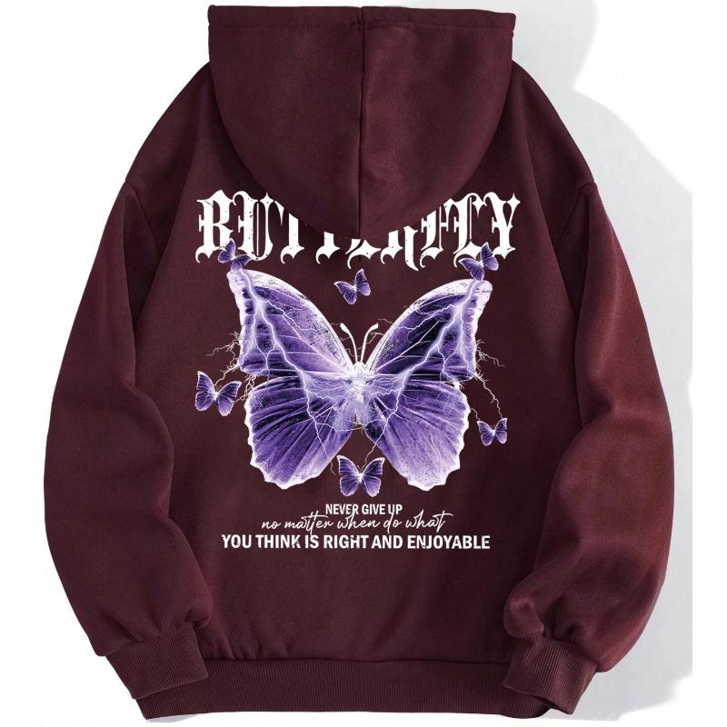Beautiful Purple Butterfly Printing Hoodies Women Fleece Pocket Hoody Simple Casual Hoodie Autumn Loose Female Streetwear