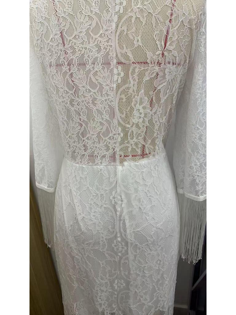 Retro White Lace V-Neck Long Sleeve Tassel High-Low Skirt
