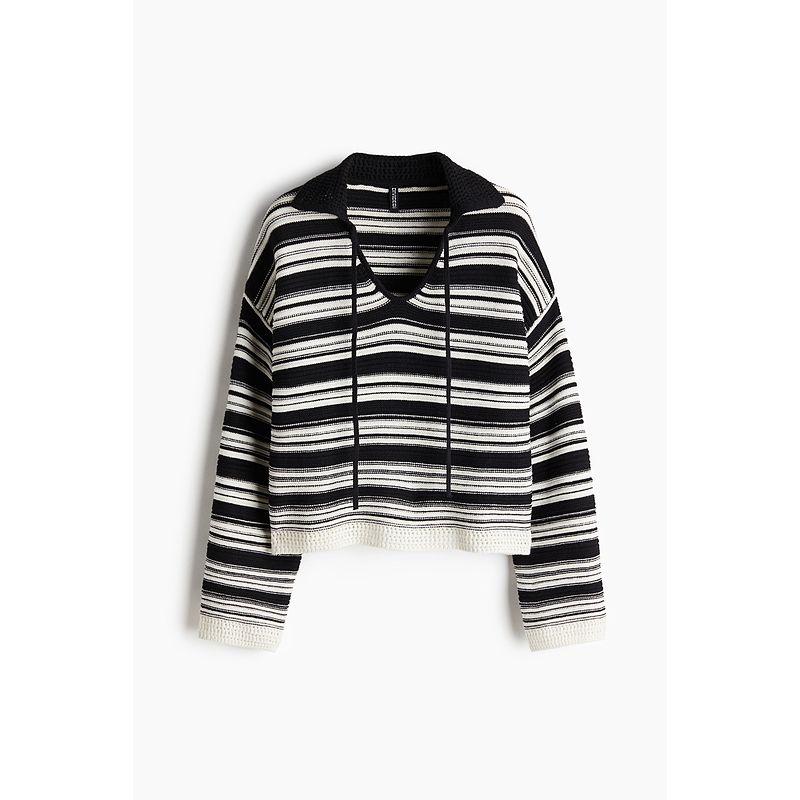 

HM Women s Clothing Wool Knitwear 2025 Autumn New Arrival Black and White Wear Stripes Double Back Long Sleeves Pullover 1264266