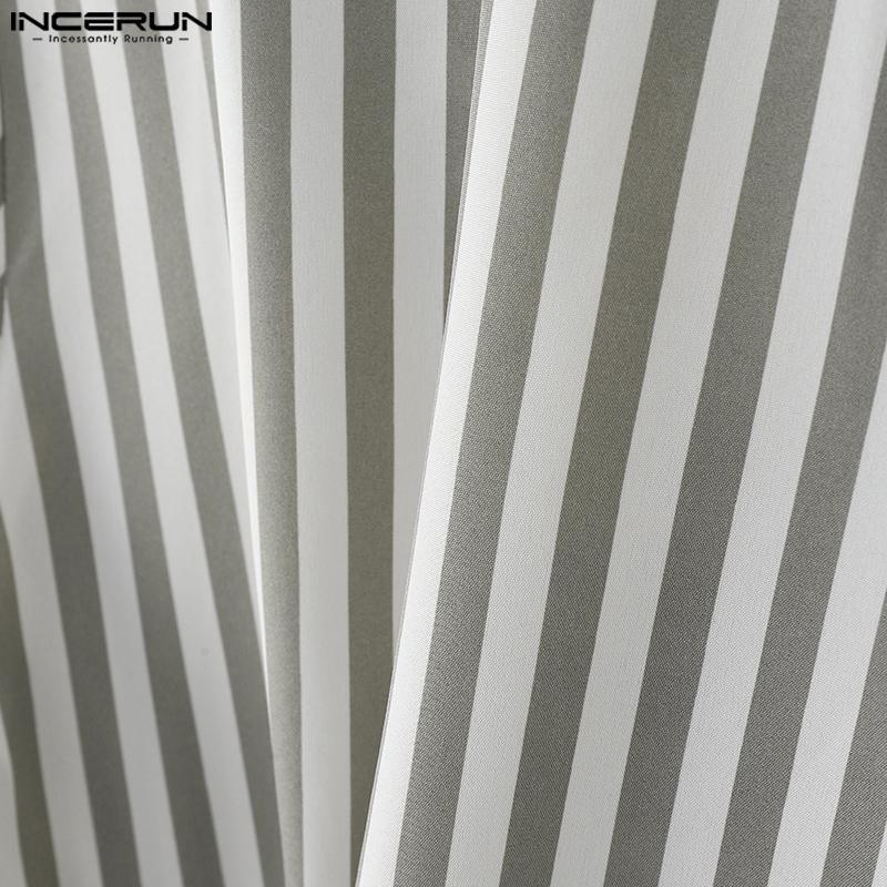 INCERUN Men Lapel Deep V Neck Long Sleeve Striped Print Casual Lace-up Shirts Tops