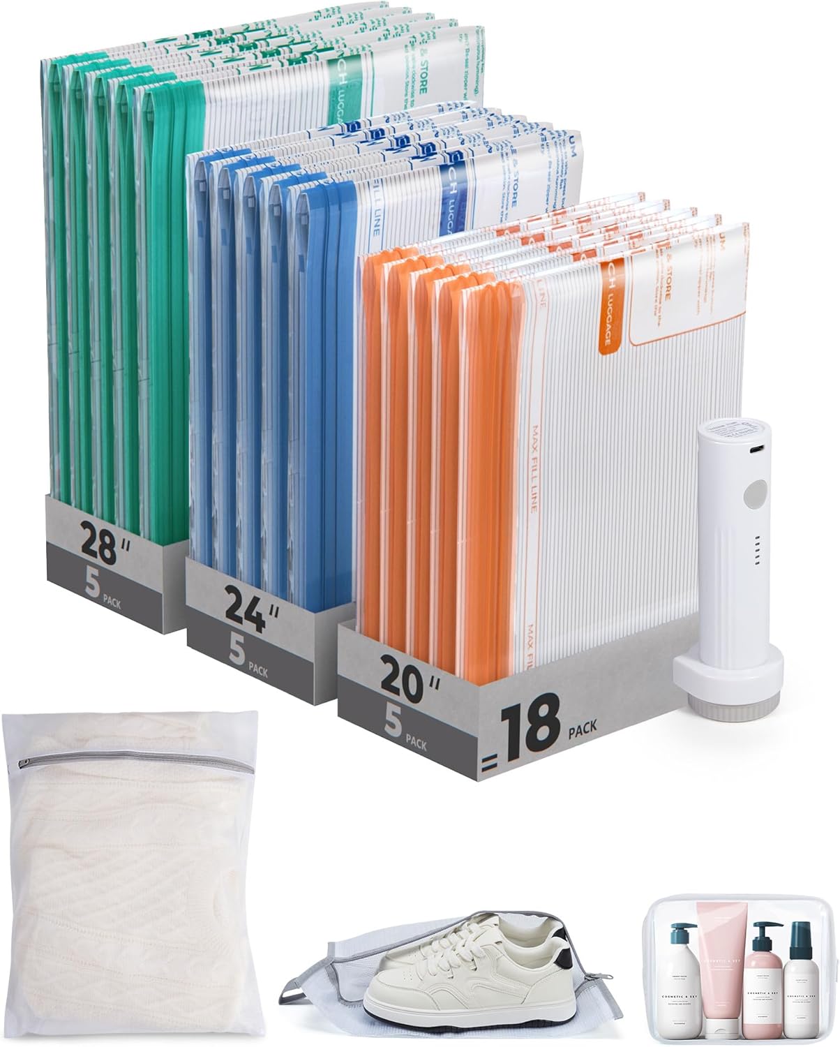 

Вакуумные пакеты для хранения с перезаряжаемым насосом, 18 штук, портативный органайзер для экономии места для одежды, одеял, пуховых одеял – для путешествий и дома