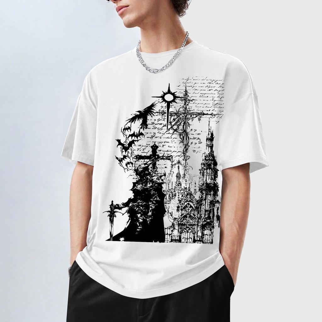 Gothic Dark Cross Graffiti Print Short-Sleeve T-Shirt High-street, loose-fitting, versatile, and perfect for everyday wear in a trendy casual style