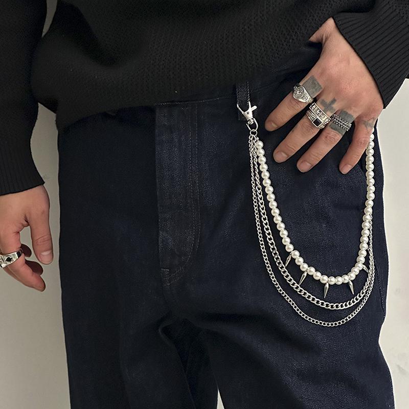 Exquisite Luxury Cross Pendant Imitation Pearl Pants Chain For Men Punk Trousers Chain Hip Hop Jeans Chain Clothing Accessories