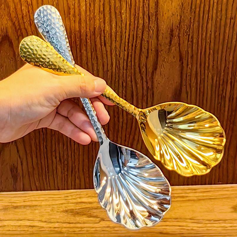 1pc Shell Shape Stainless Steel Spoon With Long Handle Ladle Restaurant Dessert Spoon Ice Cream Scoops Kitchen Accessories Tool