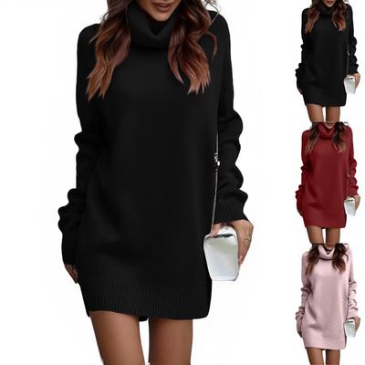Damenmode einfarbiges lockeres Strickkleid mit hohem Kragen