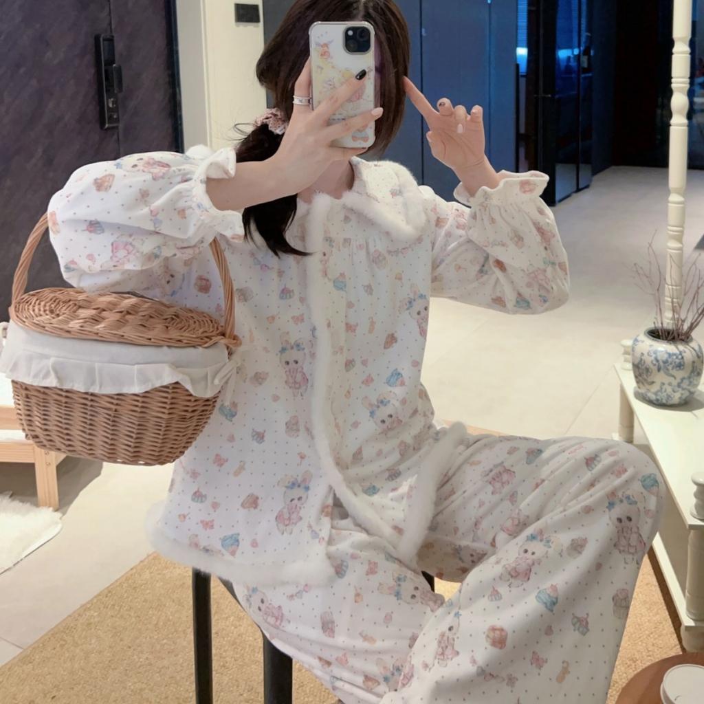 Autumn and winter velvet pajamas women's island velvet cute suit doll collar girl style cartoon student furry loungewear