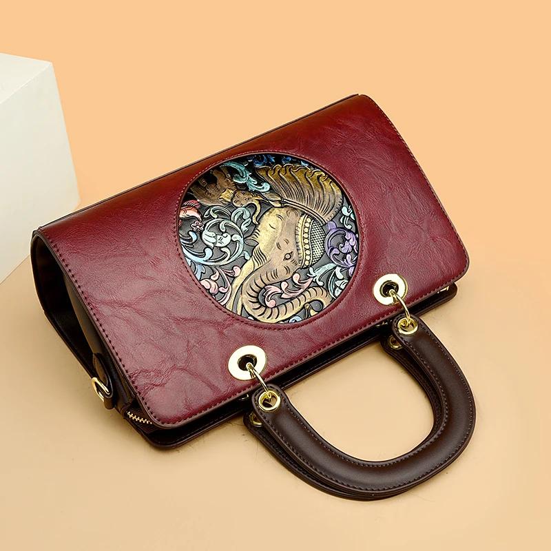 Retro Chinesische Damenhandtasche Neues Luxusmaterial PU Traditionelles Reliefhandwerk Elefantenmuster Damen-Umhängetasche