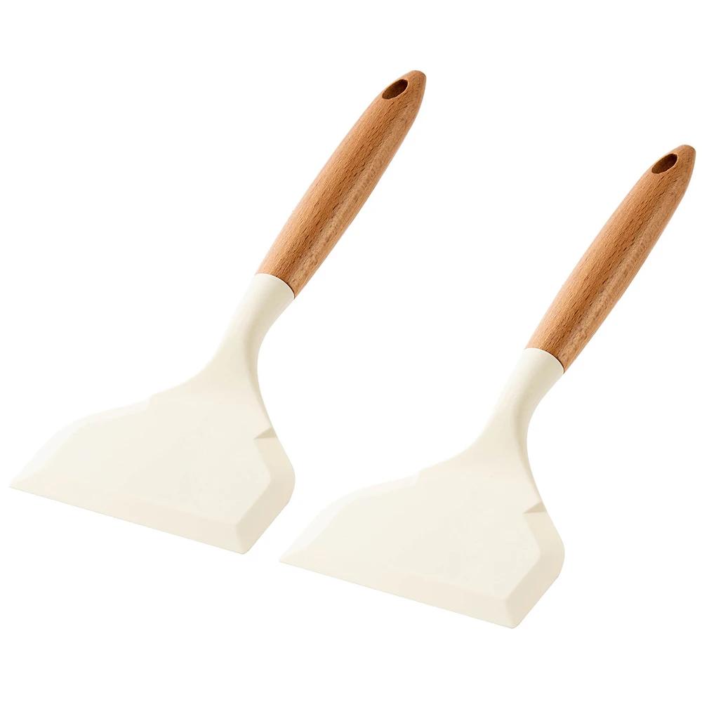 2Pcs Silicone Spatula Wide Mouth Tamagoyaki Shovel Beef Non-Stick Wooden Handle Meat Egg Frying Cooking Tool Kitchen Gadgets