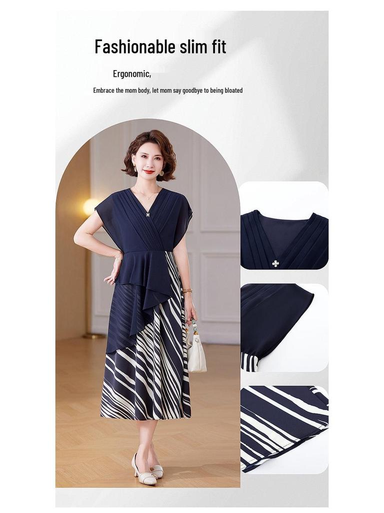 Sommer-Midikleid im chinesischen Stil für junge Mütter – Kurzärmlig, locker, Fake-Zweiteiler-Design für Frauen mittleren Alters