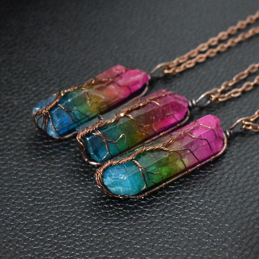 

Stone Crystal Pillar Tree Of Life Pendant Europe And America Vintage Pendant різнокольоровий