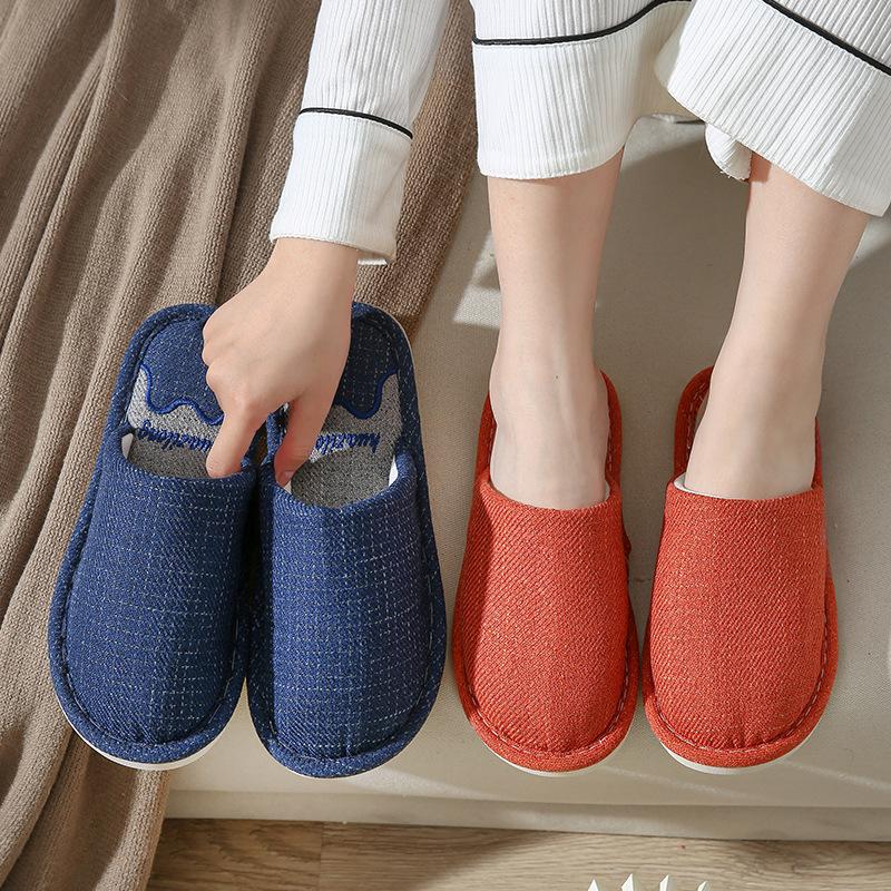Podzimní a zimní pantofle, Pánské domácí pantofle z bavlny a lnu pohlcující zápach a pot, dámské látkové pantofle s protiskluzovou úpravou