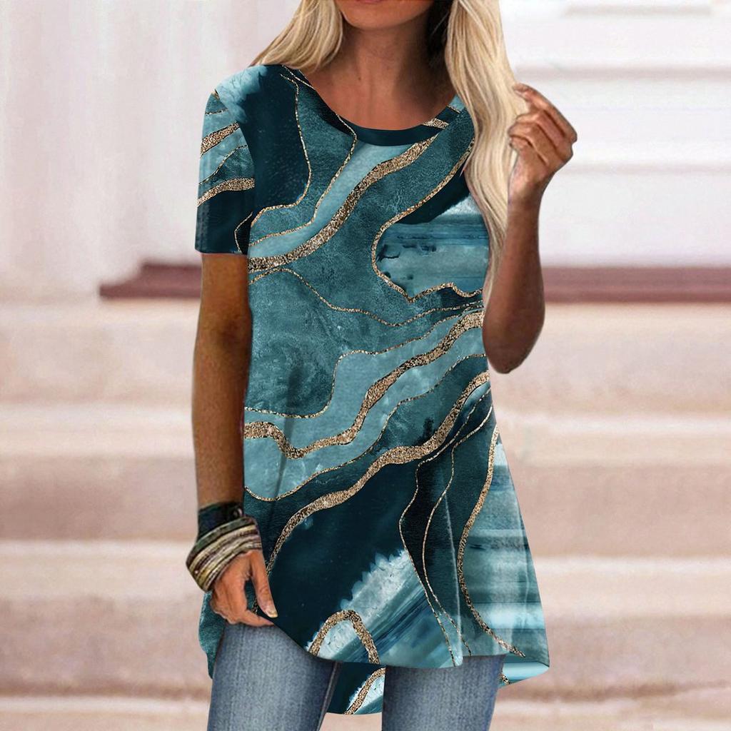 Women's Round Neck Short Sleeve Geometric Print Tunic Top Casual Asymmetrical Hem Blouse