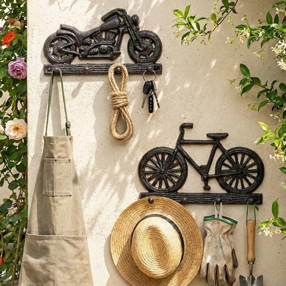 Retro Bicycle Cast Iron Hooks Rust-Proof Space-Saving Wall Mount Key Holder Rustic with 4 Hooks Tool Storage Rack Entryway