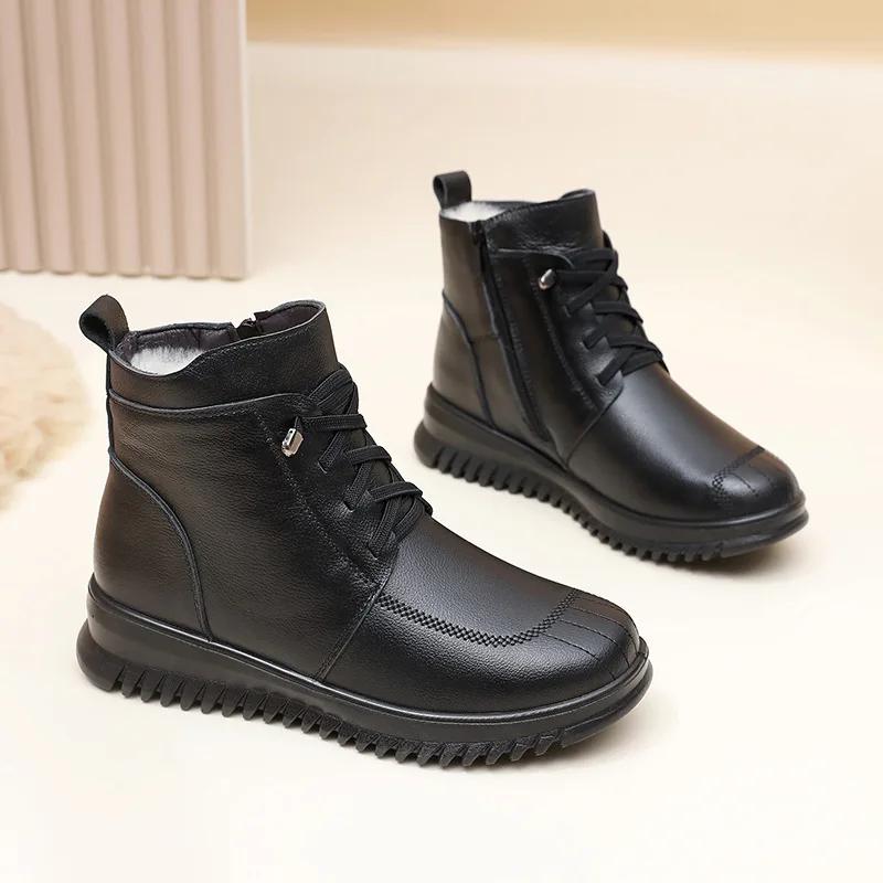 Thickened Cow Leather Mom Cotton Shoes Soft Bottom Anti-Slip Middle-Aged And Elderly Mom Boots Factory Direct Wholesale