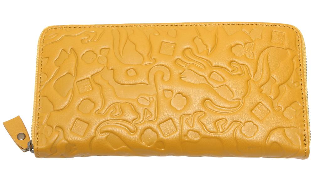 Women's cat print long wallet with round zipper, coin purse, and bill compartment, by Shuhei Nomura, yellow