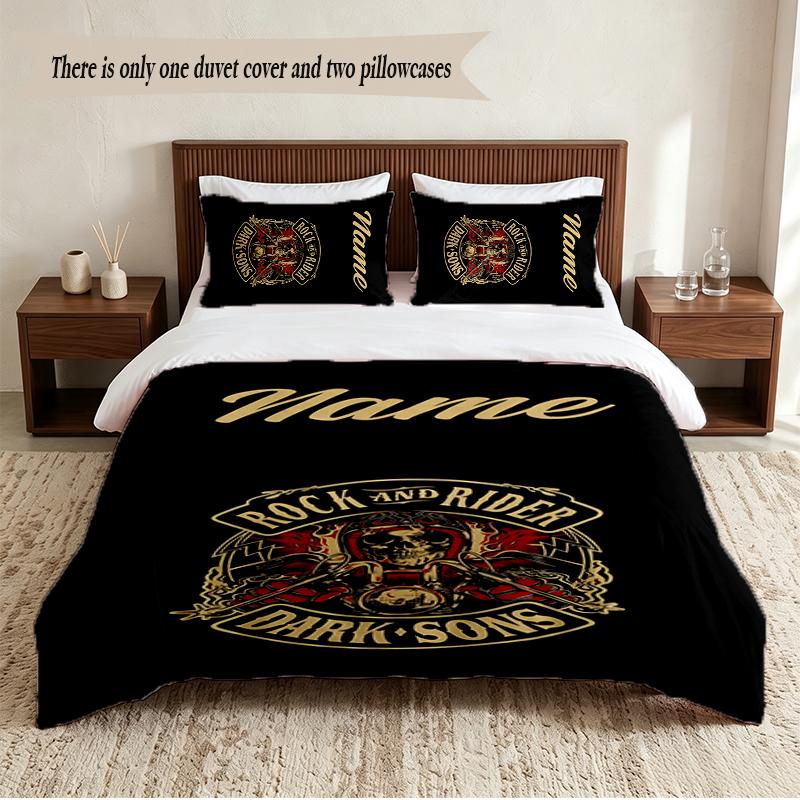 Motorcycle Skeleton Personalized Custom Name 3‑Piece Bedding Set Soft Duvet Cover Set For Bedroom Home Decor