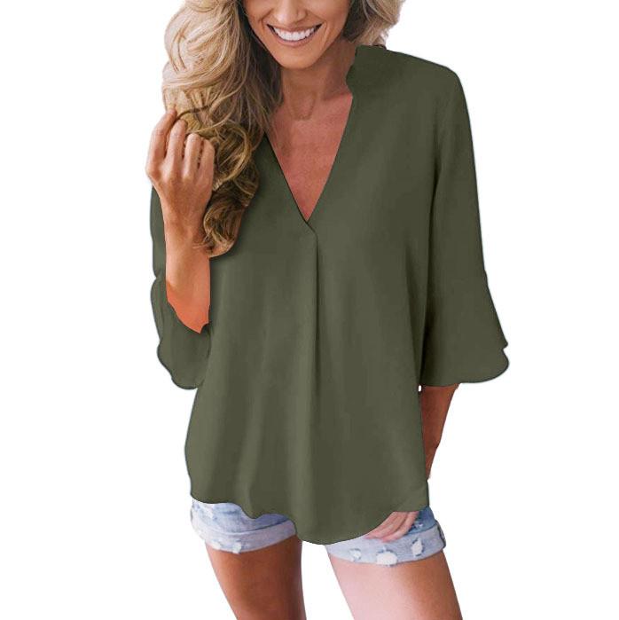 Womens Casual Loose V Neck Peplum Sleeve Chiffon Blouse Tops XXL