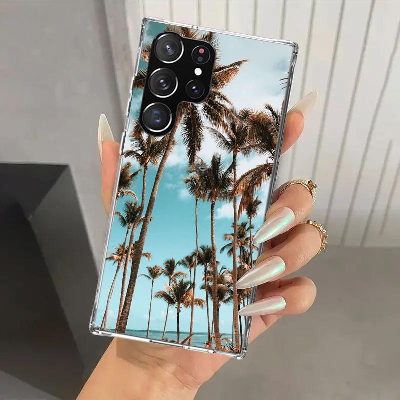 Letni Zachód Słońca nad Morzem z Palmą Etui na Telefon dla Samsung Galaxy S26 S24 S23 Ultra S25 Edge S22 S21 Plus S20 FE + Miękki Nadruk Osłona