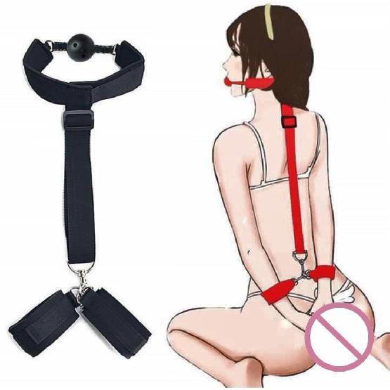 Japan SM bondage Back Cross Collar Strap Handcuffs Mouth Ball Gag Sex Handcuffs Sex Fetish Slave Bondage For