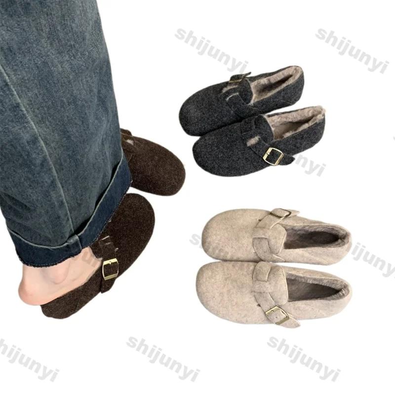 Fashion Winter Retro Thicken Plush Warm Shoes Women New Faux Suede Warm Cotton Single Shoes Woman Thick Sole Non Slip Cotton Padded Shoe