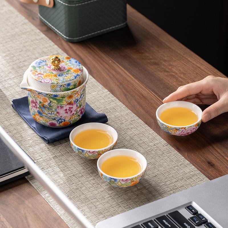 High-end Kung Fu travel tea set Portable set Enamel color tea set Household business souvenir Light luxury court style