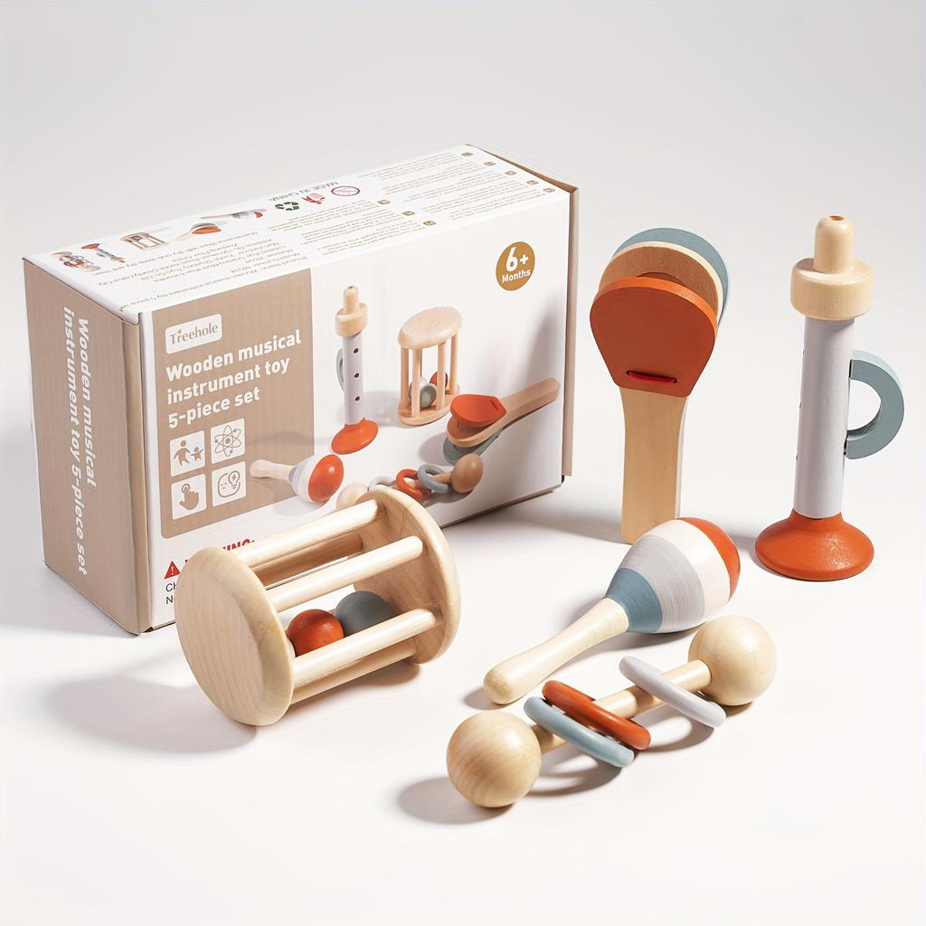 5PCS Toddler Wooden Musical Instrument Set - Educational Toy:Bell, Sand Hammer, Trumpet & Bedtime Bell,Baby Birthday Gift Xmax