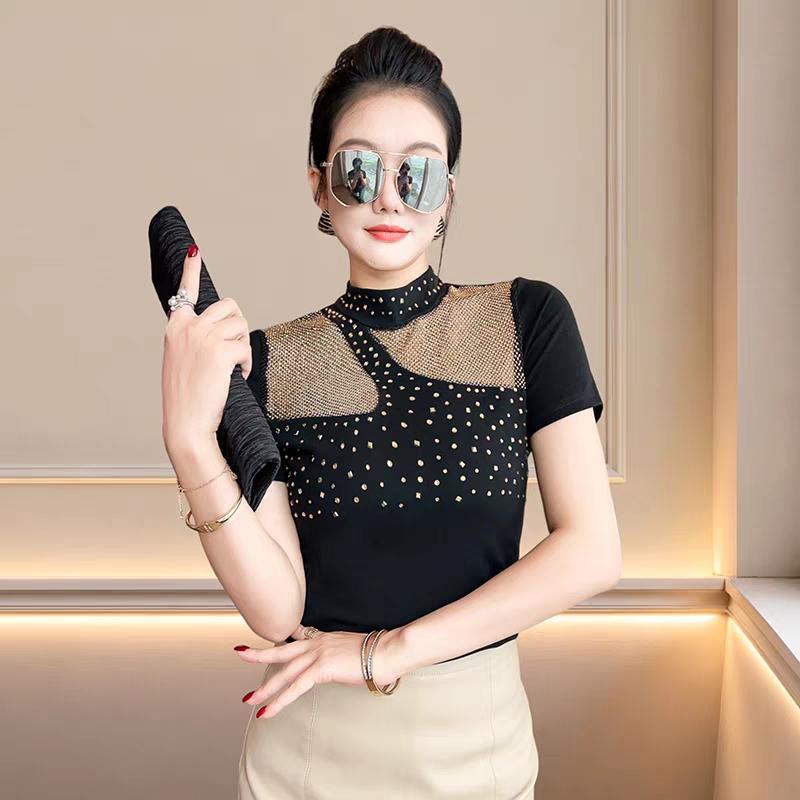 Summer New Women Luxury Hollowed-Out Hot Diamonds T-shirt Fashion Short Sleeve Casual Tops Streetwear Girl Cotton Tees Blouse