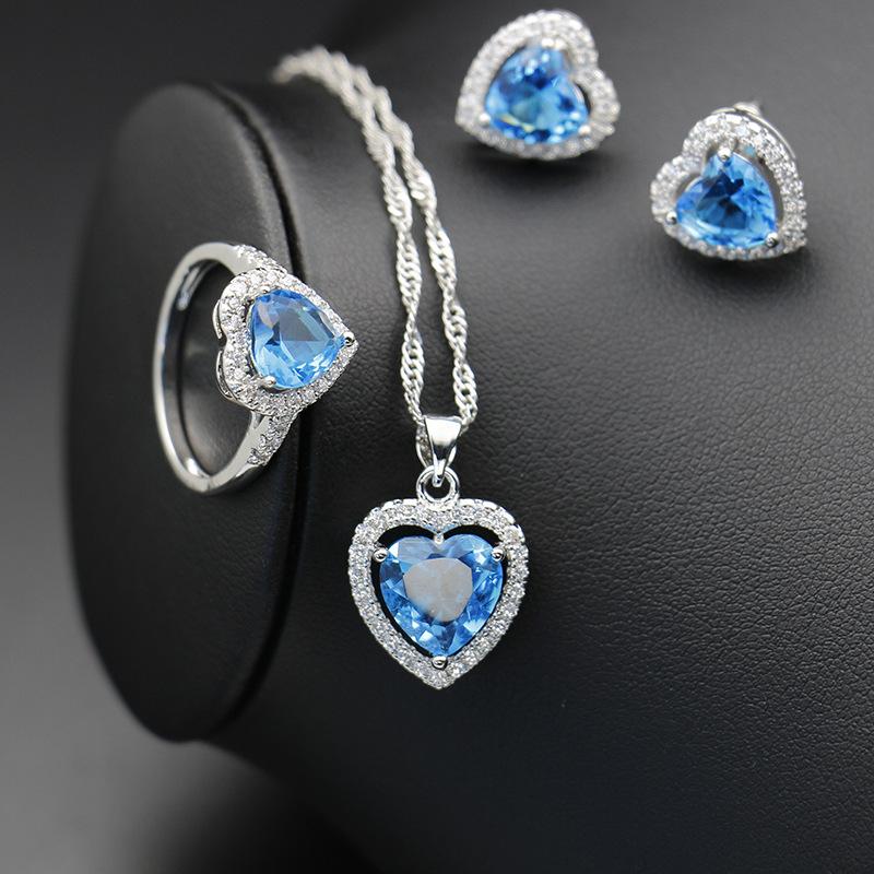 Ein Bestseller für europäischen und amerikanischen Schmuck Ein Zirkonia Meeresblau Halskette Ein Ring, Ein Damen Voll-Diamant Herz Armband und Ohrstecker W5490WW- gray
