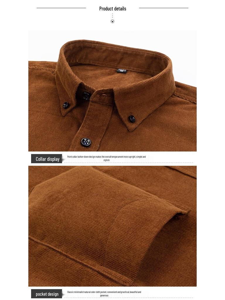 Męska Modna Koszula Bawełniana Sztruksowa z Długim Rękawem - Jednolity Kolor, Wszechstronna Odzież na Jesień i Wiosnę