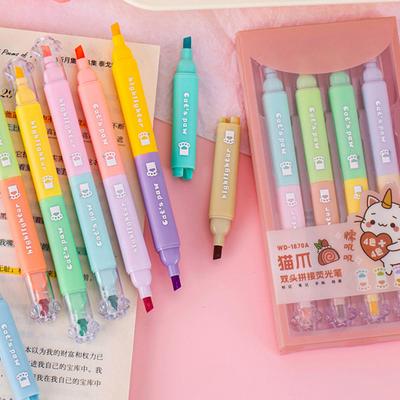 4Pcs Dual-Tip Cat Paw Highlighter with Stamp & Marker Cute Pastel Journaling Pen for Students Smooth Quick-Dry Fun School Supplies