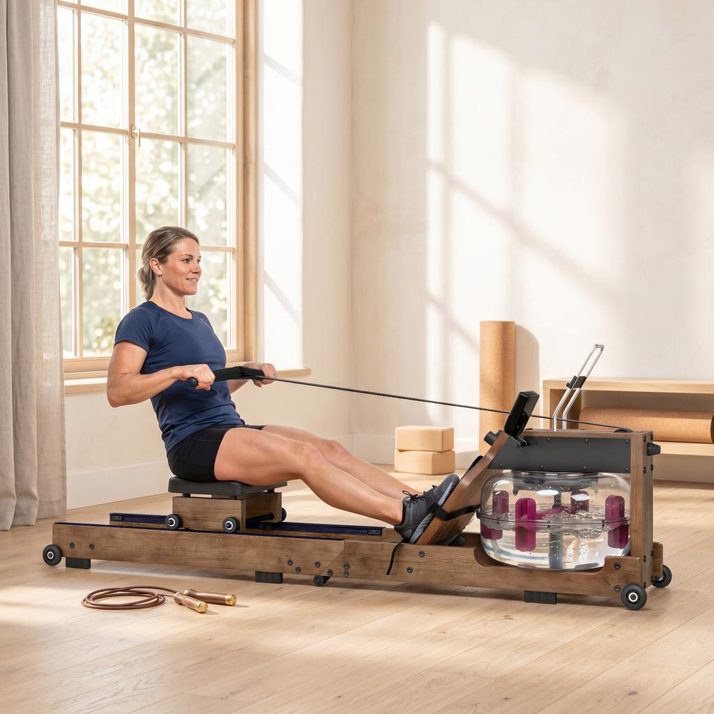Water Rowing Machine, Foldable, Double Rail, Aluminum, 158 kg, Bluetooth, 182 x 42 x 67 cm, Oak