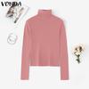 VONDA Autumn Women Turtleneck Long Sleeve Thin Casual Cropped Kniteed Sweater Tops Undershirts