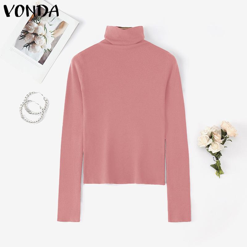VONDA Autumn Women Turtleneck Long Sleeve Thin Casual Cropped Kniteed Sweater Tops Undershirts