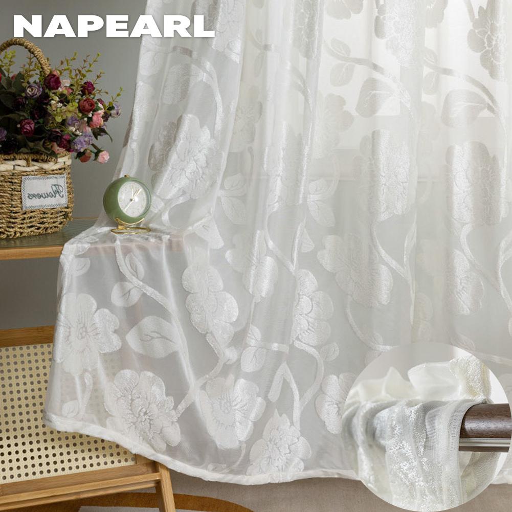 1 peça NAPEARL elegante padrão de flor jacquard artesanato tule cortina janela transparente para sala de estar quarto decoração de casa