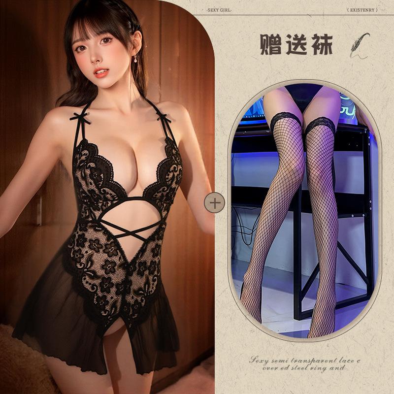 Neck new sexy underwear perspective lace hot backless deep V onesie women's uniform set