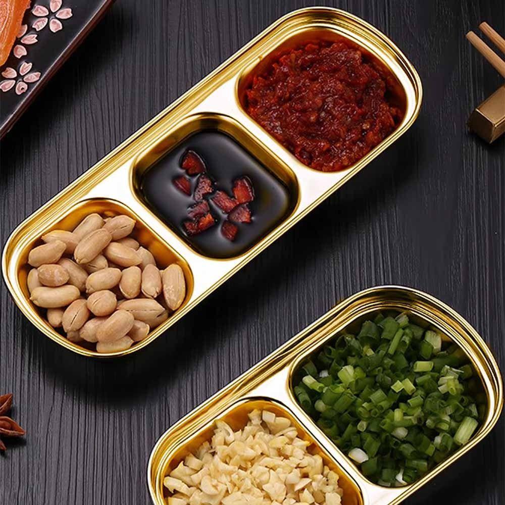 2Pcs Stainless Steel Seasoning Dish Thickened 2/3/4 Grid Divided Dip Bowls Easy Clean Cutlery Sauce Plate BBQ Tableware