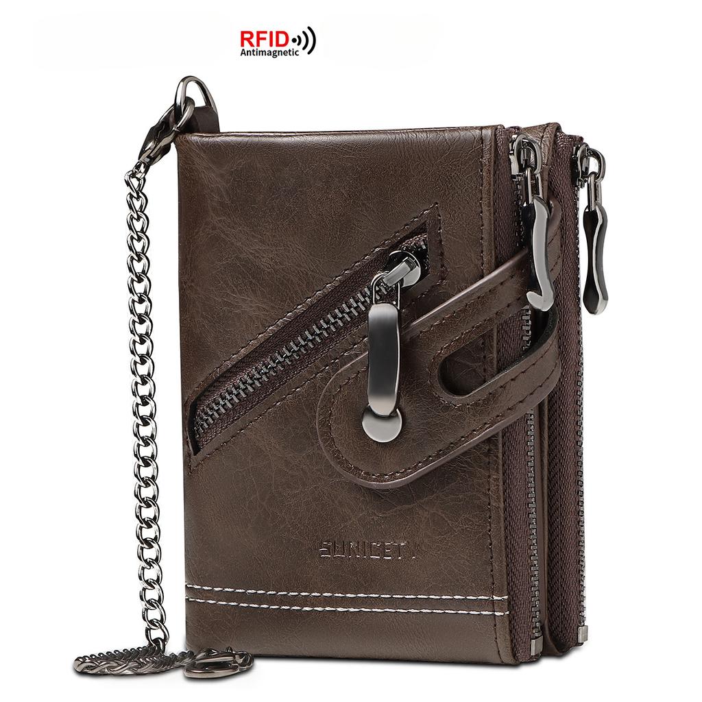 RFID Anti-theft Refreshing Men's Leather Wallet Wallet Retro Double Zipper Change Clip Short Wallet