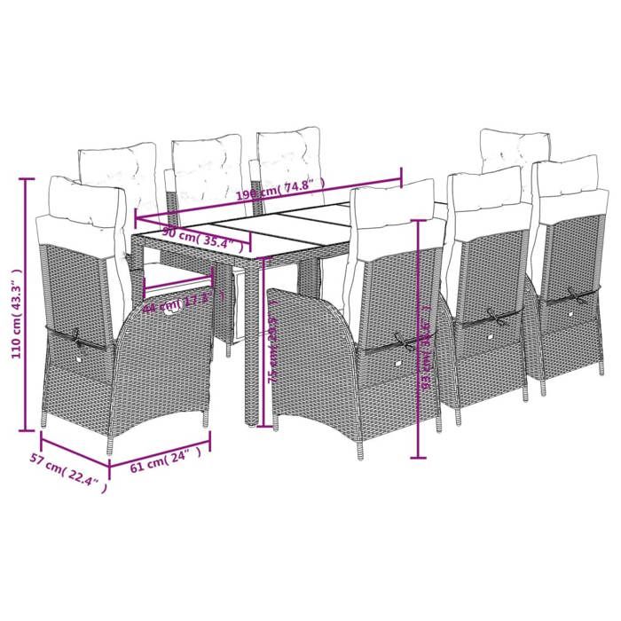 VidaXL Ensemble à Manger de Jardin avec Coussins 9 pcs, Table et Chaises avec Dossier Réglable, Meubles d'Extérieur, 3213084