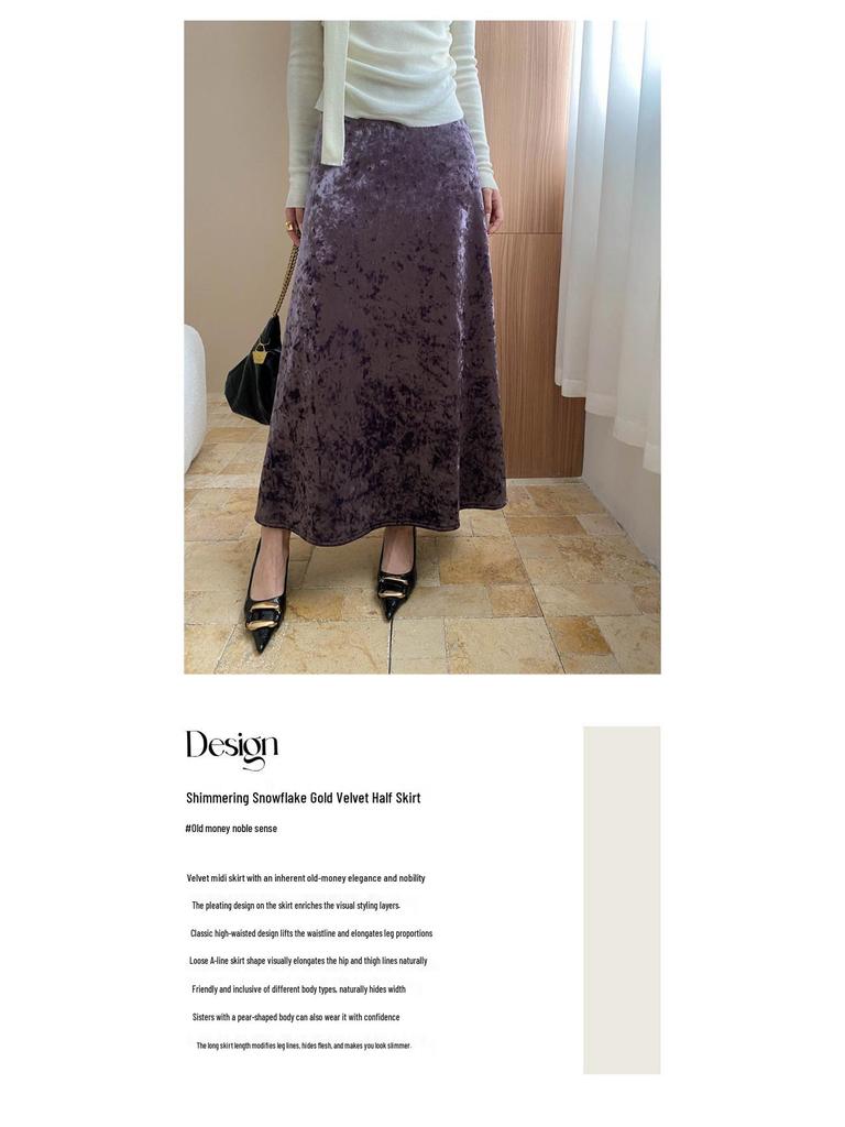 Sinan Retro High-Waist Luminous Velvet A-Line Skirt with Gold Snowflake Design