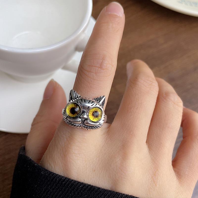 Cute Retro Thai Silver Cat Rings Fashion Cat Owl Eye Opening Adjustable Ring for Women Men Trendy Statement  Accessories