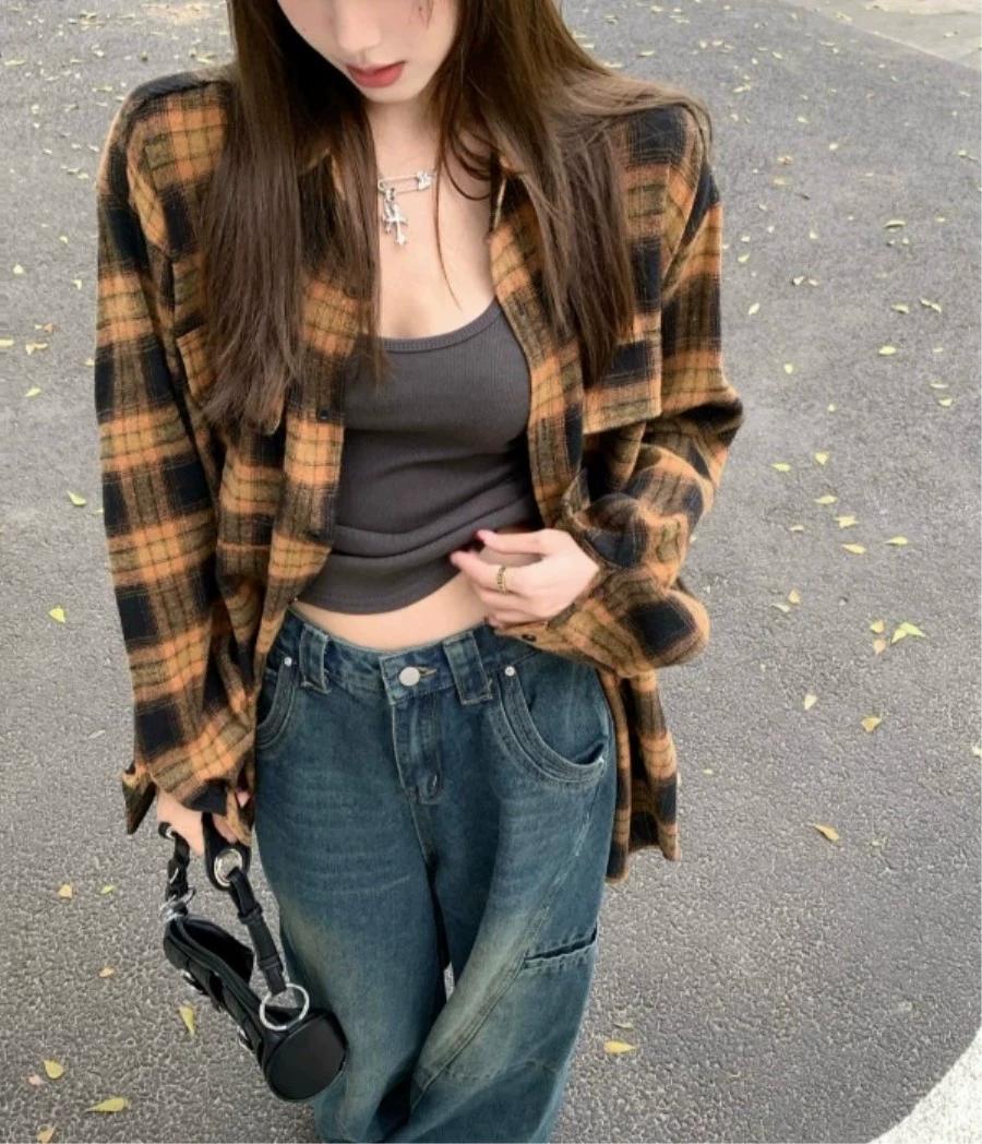 

Woolen Plaid Women s Shirt New Collar Long Sleeved Button Up Blouse Spring Autumn Korean Casual Woman Fashion Top S