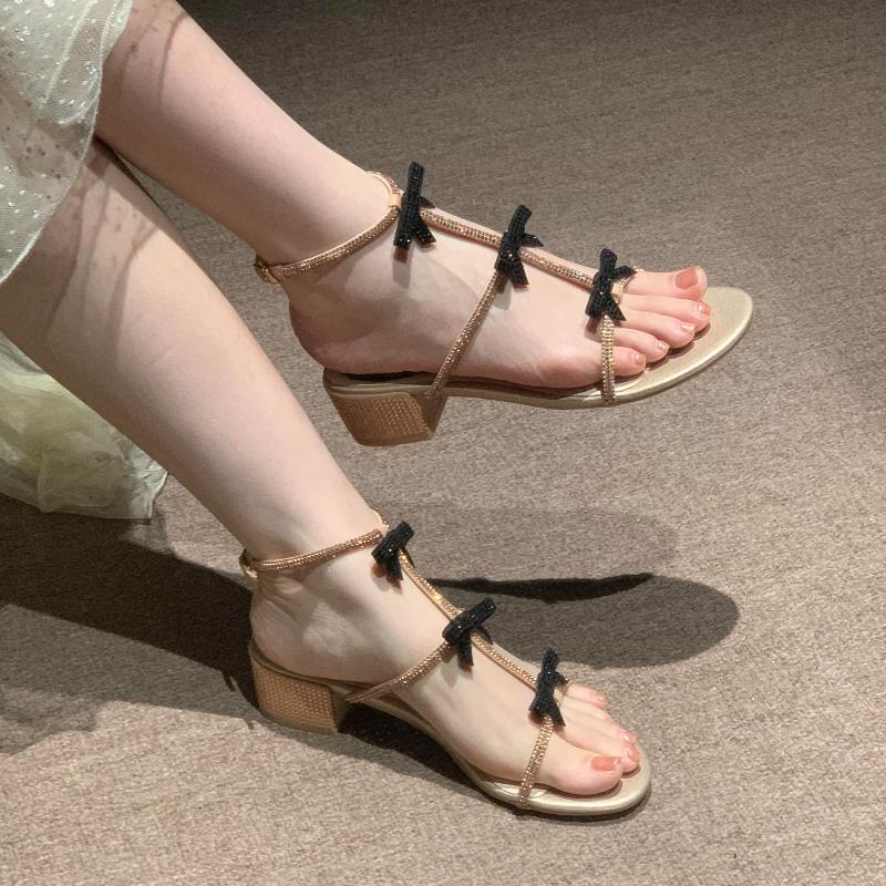 Fashion Luxury Bowknot Thick Heel Sandals Women Elegant Ankle Strap Party Shoes Woman 2025 Med Heels Gladiator Sandalias Mujer