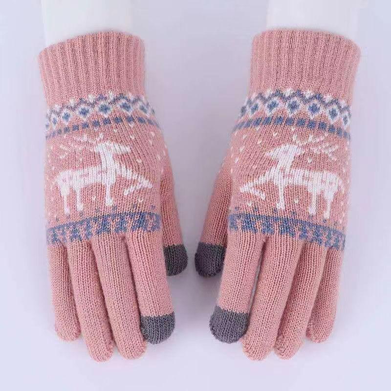 

Thick Winter Warm and Cold Resistant Christmas Deer Knitted Yarn Gloves рожевий