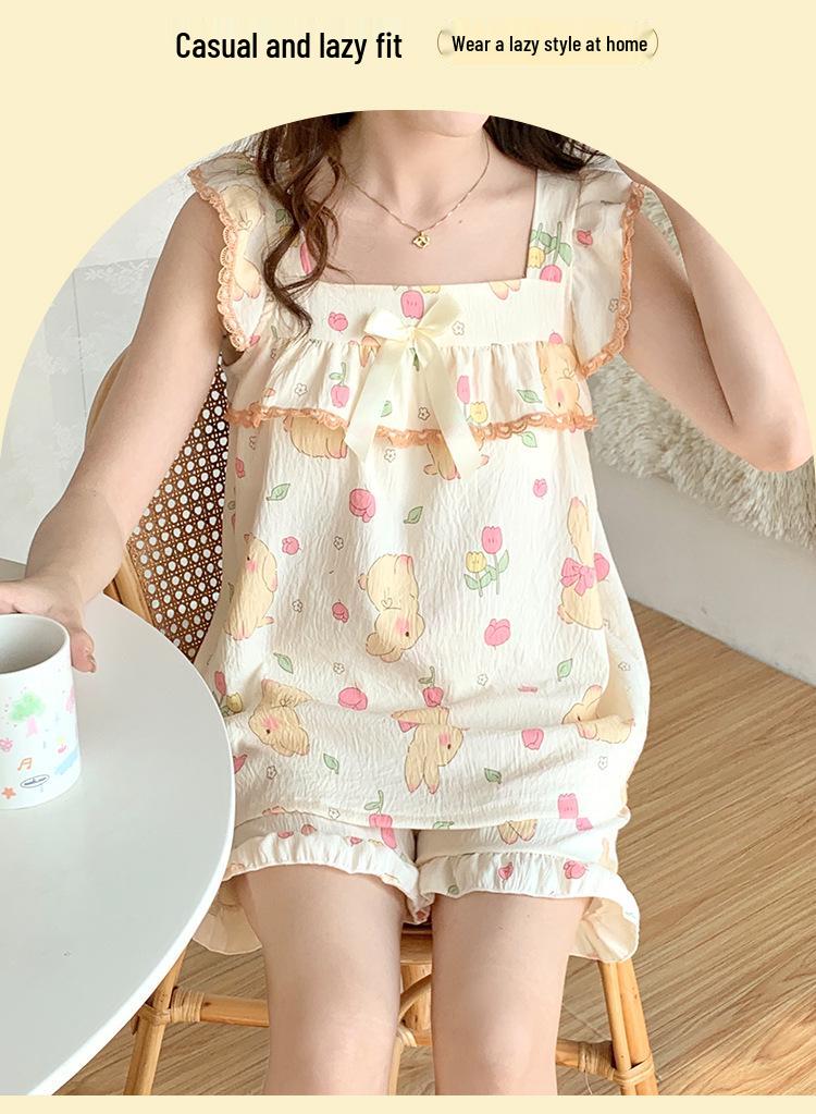 Women's Cloud Cotton Camisole Pajamas with Built-in Bra - Summer Sweet Style, Two-Piece Shorts Set, Wear Indoors or Out.