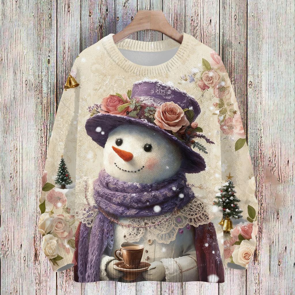 Ladies' Fashionable And Casual Christmas Cute Printed Round Neck Long Sleeved Knitted Yarn