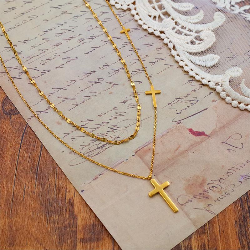 Stylish And Simple Cross Double-Layer Necklace Titanium Steel Does Not Fade 18K Gold Wind Women'S Collarbone Neck Chain